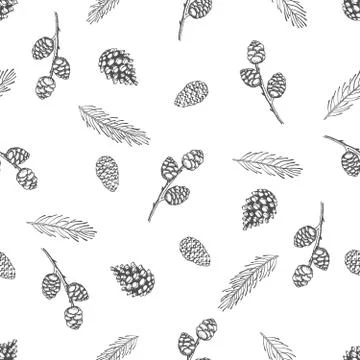 Xmas Seamless pattern with Christmas Tree Decorations, Pine Branches hand drawn Stockillustratie