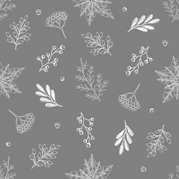 Xmas Seamless pattern with Christmas Tree Decorations, Pine Branches hand drawn Stock Illustration