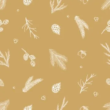 Xmas Seamless pattern with Christmas Tree Decorations, Pine Branches hand drawn Stockillustratie