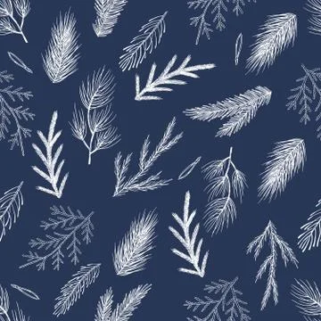 Xmas Seamless pattern with Christmas Tree Decorations, Pine Branches hand drawn Stockillustratie