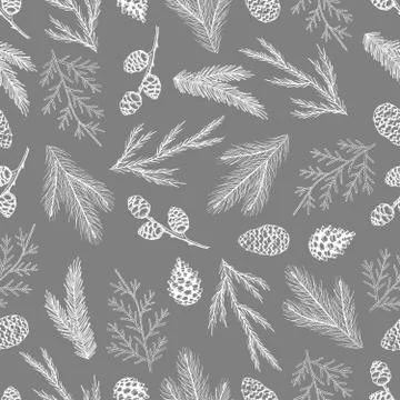 Xmas Seamless pattern with Christmas Tree Decorations, Pine Branches hand drawn Stockillustratie