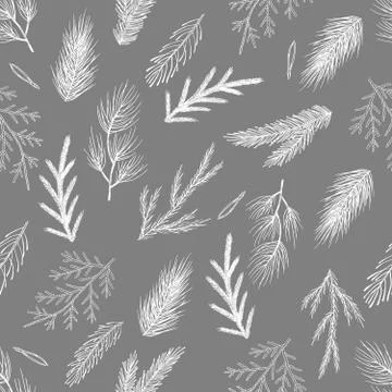 Xmas Seamless pattern with Christmas Tree Decorations, Pine Branches hand drawn Stock Illustration