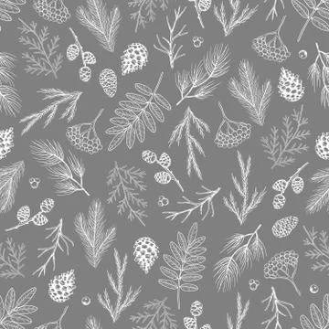 Xmas Seamless pattern with Christmas Tree Decorations, Pine Branches hand drawn Stock Illustration