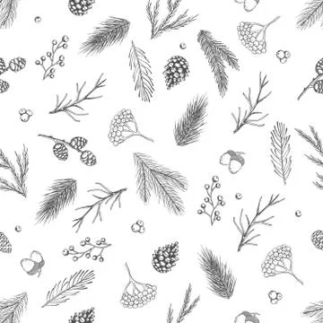 Xmas Seamless pattern with Christmas Tree Decorations, Pine Branches hand drawn Stockillustratie