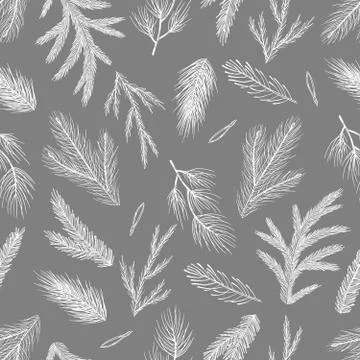 Xmas Seamless pattern with Christmas Tree Decorations, Pine Branches hand drawn Stock Illustration