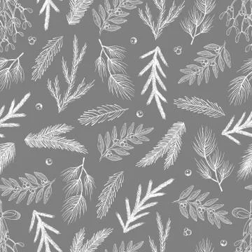 Xmas Seamless pattern with Christmas Tree Decorations, Pine Branches hand drawn Stock Illustration