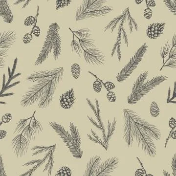 Xmas Seamless pattern with Christmas Tree Decorations, Pine Branches hand drawn Stock Illustration