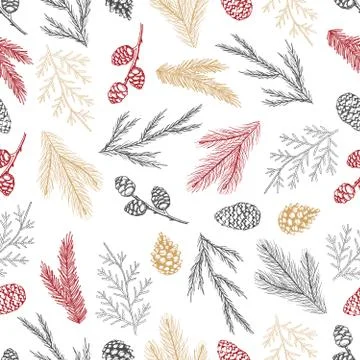 Xmas Seamless pattern with Christmas Tree Decorations, Pine Branches hand drawn Stock Illustration