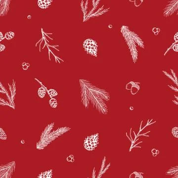 Xmas Seamless pattern with Christmas Tree Decorations, Pine Branches hand drawn Stock Illustration