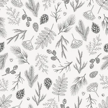 Xmas Seamless pattern with Christmas Tree Decorations, Pine Branches hand drawn 스톡 일러스트
