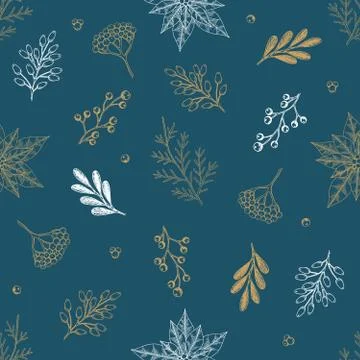 Xmas Seamless pattern with Christmas Tree Decorations, Pine Branches hand drawn Stock Illustration