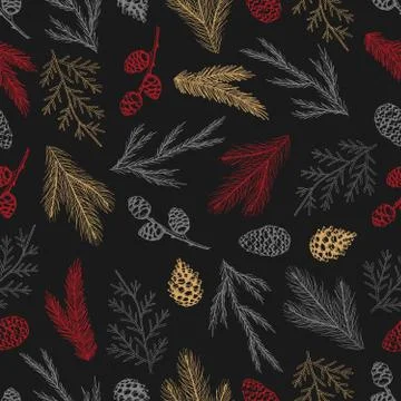 Xmas Seamless pattern with Christmas Tree Decorations, Pine Branches hand drawn Stock Illustration