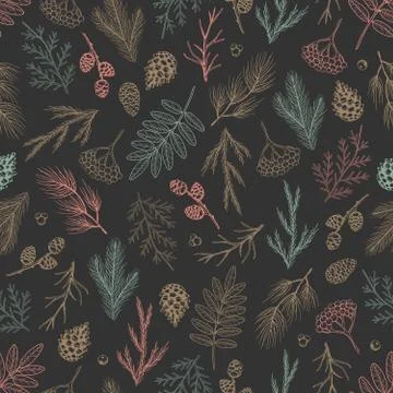 Xmas Seamless pattern with Christmas Tree Decorations, Pine Branches hand drawn 스톡 일러스트