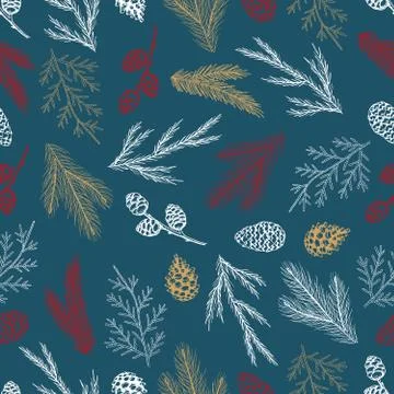 Xmas Seamless pattern with Christmas Tree Decorations, Pine Branches hand drawn Stock Illustration