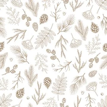Xmas Seamless pattern with Christmas Tree Decorations, Pine Branches hand drawn Stockillustratie