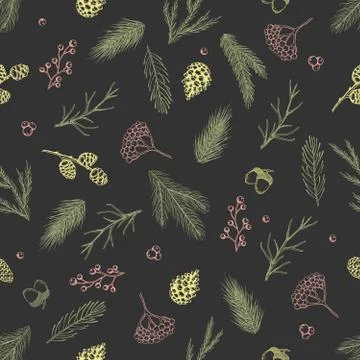 Xmas Seamless pattern with Christmas Tree Decorations, Pine Branches hand drawn 库存插图