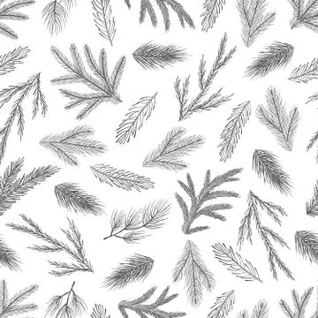 Xmas Seamless pattern with Christmas Tree Decorations, Pine Branches hand drawn 스톡 일러스트