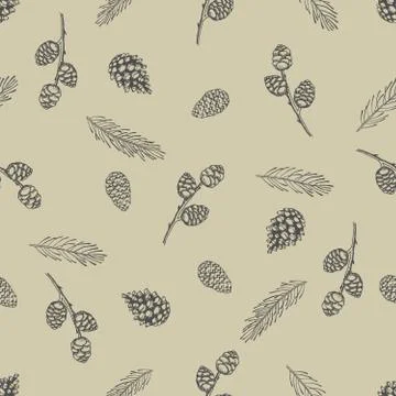 Xmas Seamless pattern with Christmas Tree Decorations, Pine Branches hand drawn Stock Illustration