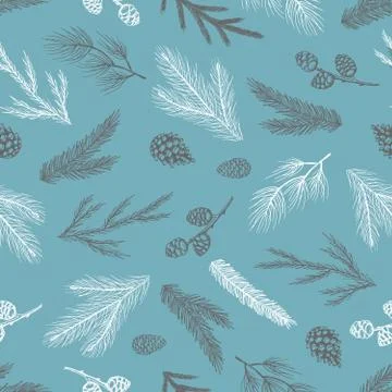 Xmas Seamless pattern with Christmas Tree Decorations, Pine Branches hand drawn イラスト素材