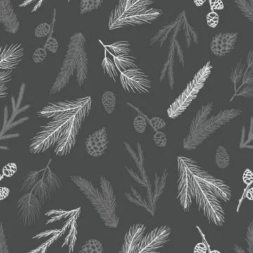 Xmas Seamless pattern with Christmas Tree Decorations, Pine Branches hand drawn Stock Illustration