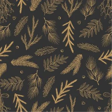 Xmas Seamless pattern with Christmas Tree Decorations, Pine Branches hand drawn Stock Illustration