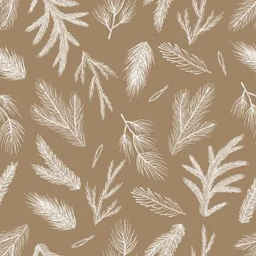 Xmas Seamless pattern with Christmas Tree Decorations, Pine Branches hand drawn Stock Illustration