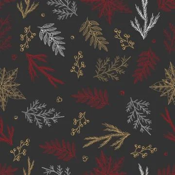 Xmas Seamless pattern with Christmas Tree Decorations, Pine Branches hand drawn Stockillustratie
