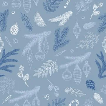 Xmas Seamless pattern with Christmas Tree Decorations, Pine Branches hand drawn Stock Illustration