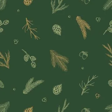 Xmas Seamless pattern with Christmas Tree Decorations, Pine Branches hand drawn Stock Illustration