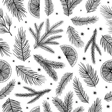 Xmas Seamless pattern with Christmas Tree Decorations, Pine Branches hand drawn Stock Illustration