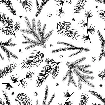Xmas Seamless pattern with Christmas Tree Decorations, Pine Branches hand drawn Stock Illustration