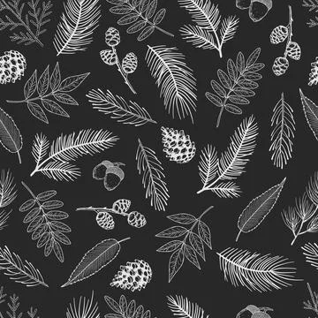 Xmas Seamless pattern with Christmas Tree Decorations, Pine Branches hand drawn Stock Illustration