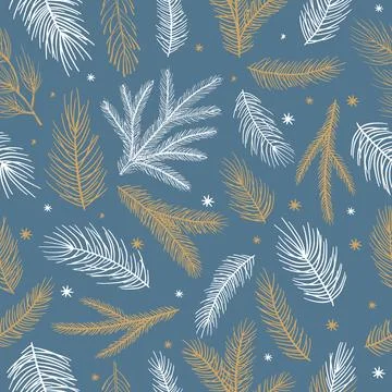 Xmas Seamless pattern with Christmas Tree Decorations, Pine Branches hand drawn Stock Illustration