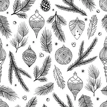 Xmas Seamless pattern with Christmas Tree Decorations, Pine Branches hand drawn Stock Illustration