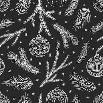 Xmas Seamless pattern with Christmas Tree Decorations, Pine Branches hand drawn 스톡 일러스트