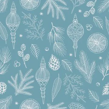 Xmas Seamless pattern with Christmas Tree Decorations, Pine Branches hand drawn Stock Illustration