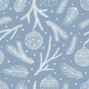 Xmas Seamless pattern with Christmas Tree Decorations, Pine Branches hand drawn 스톡 일러스트