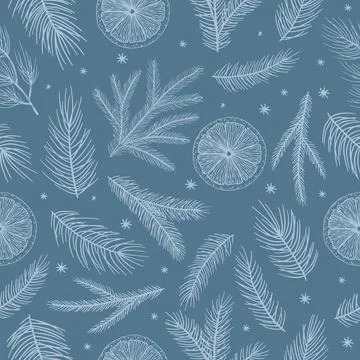 Xmas Seamless pattern with Christmas Tree Decorations, Pine Branches hand drawn Stock Illustration