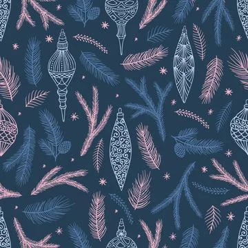 Xmas Seamless pattern with Christmas Tree Decorations, Pine Branches hand drawn Stock Illustration