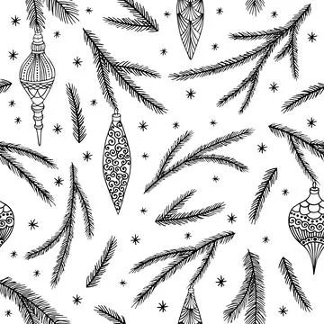 Xmas Seamless pattern with Christmas Tree Decorations, Pine Branches hand drawn Stockillustratie