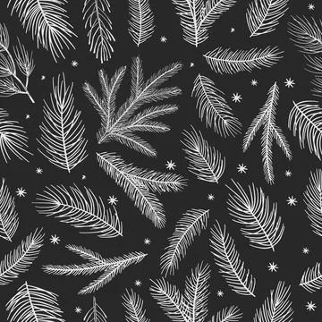 Xmas Seamless pattern with Christmas Tree Decorations, Pine Branches hand drawn Stock Illustration