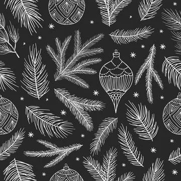 Xmas Seamless pattern with Christmas Tree Decorations, Pine Branches hand drawn Stockillustratie
