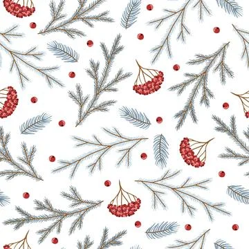Xmas Seamless pattern with Christmas Tree Decorations, Pine Branches hand drawn Stock Illustration