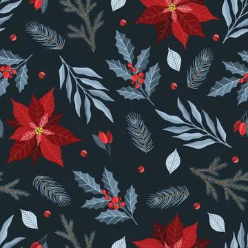 Xmas Seamless pattern with Christmas Tree Decorations, Pine Branches hand drawn Stock Illustration