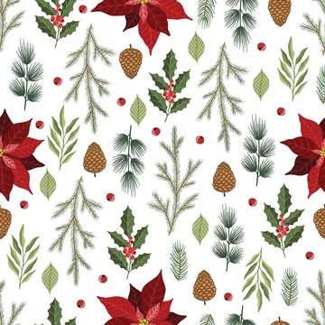 Xmas Seamless pattern with Christmas Tree Decorations, Pine Branches hand drawn Stockillustratie