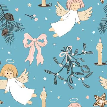 Xmas seamless pattern with cute angels, pine and mistletoe branches, bows, .. Illustrazione stock