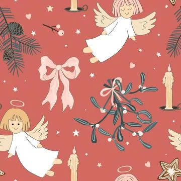 Xmas seamless pattern with cute angels, pine and mistletoe branches, bows, an Stock Illustration
