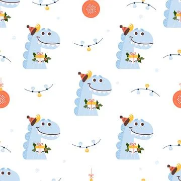 Xmas Seamless pattern. Cute dragon with holly gift on white background with.. 스톡 일러스트