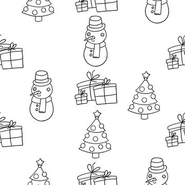 Xmas seamless pattern. Merry Christmas set of elements in outline doodle styl Stock Illustration