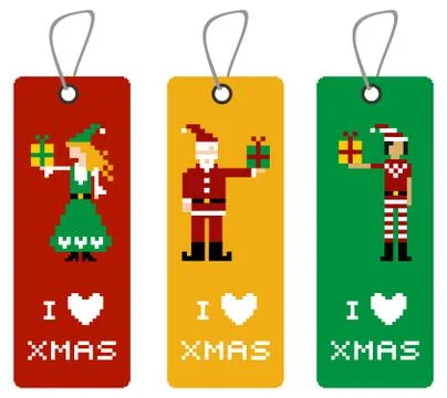 Xmas tag with pixel characters Stock Illustration